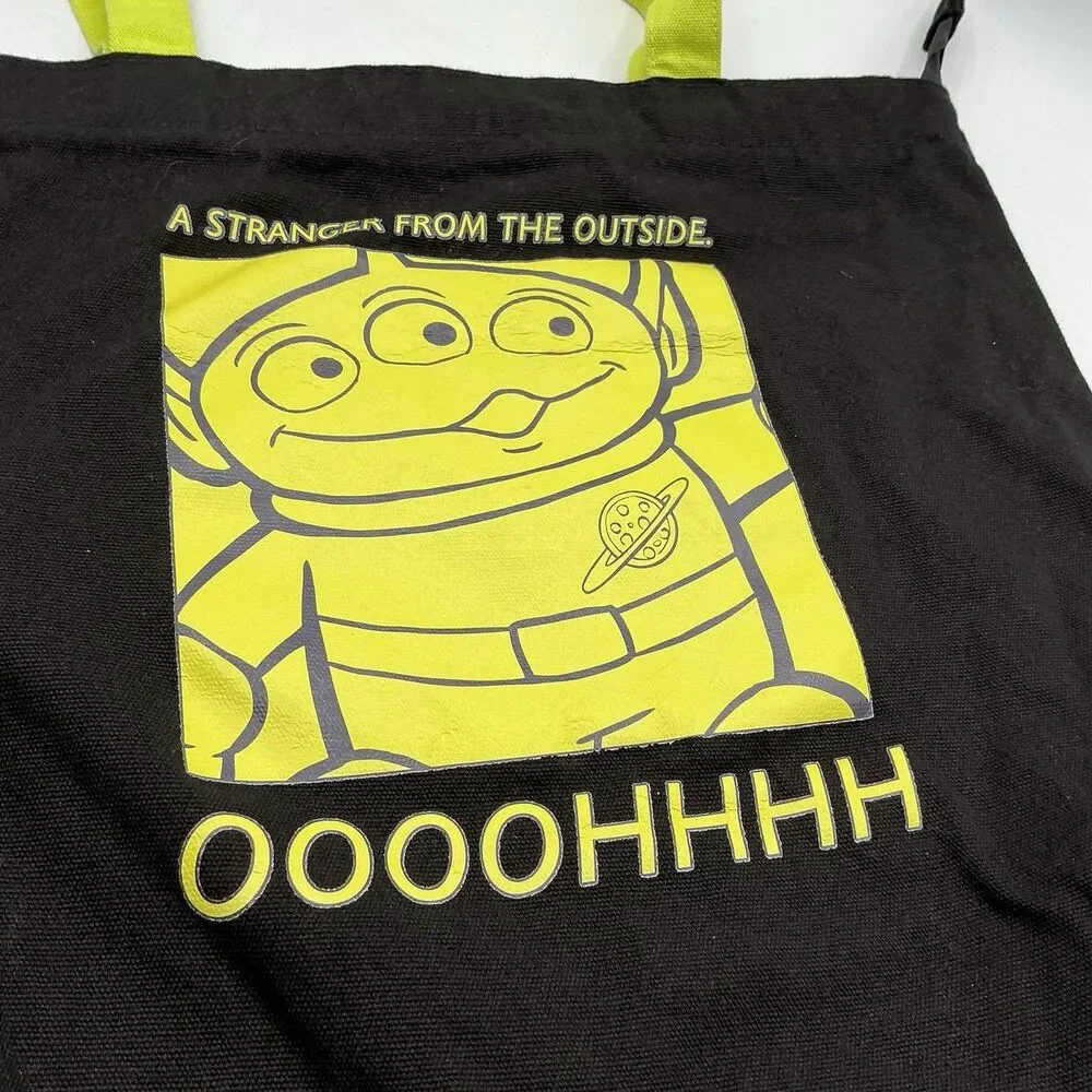 Disney Pixar Toy Story Alien Black Canvas Zip Tote Bag Green Handles 16”